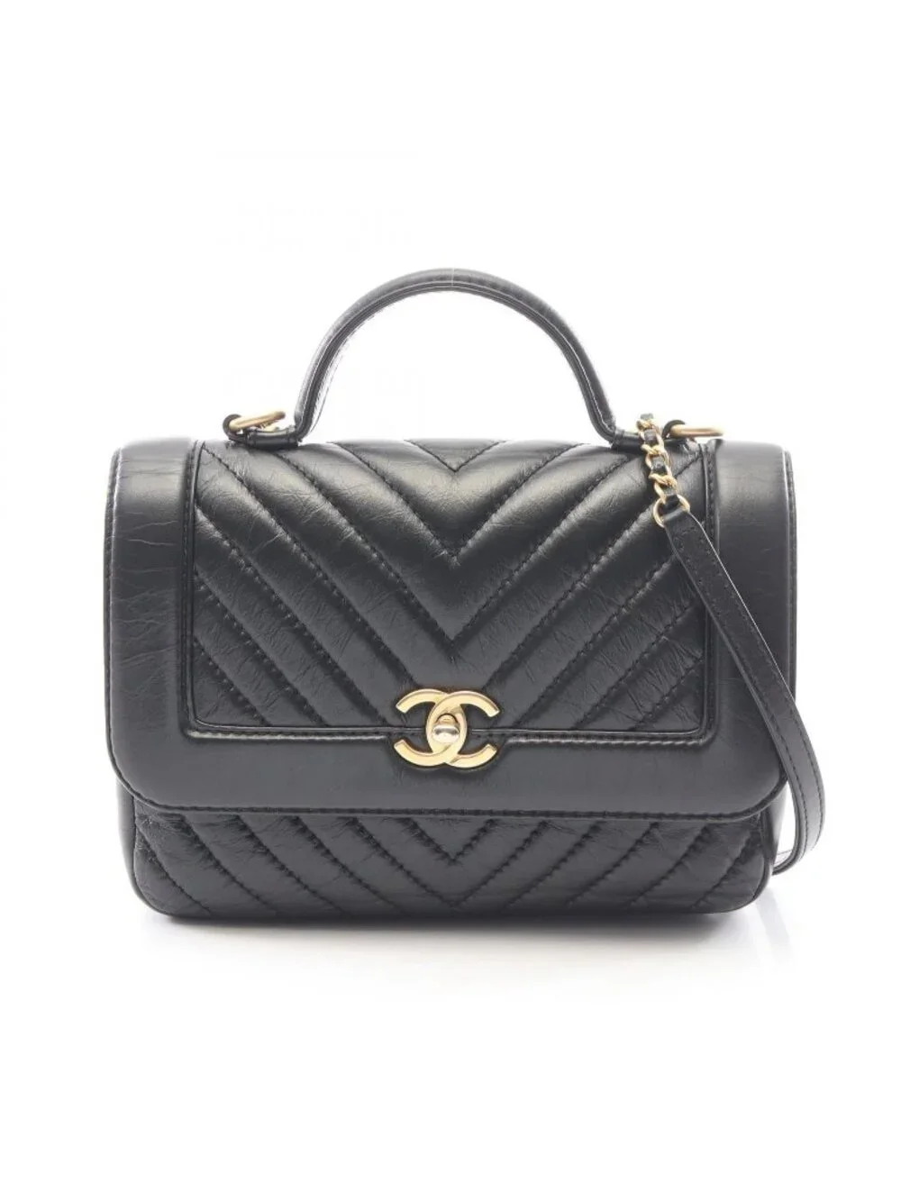 Chanel Shoulder Bag Mademoiselle Stitch Top Handle 2-Way Black Leather Chain
